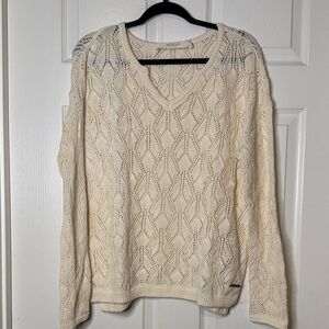 Peace Love World Cream Openwork V-Neck Sweater